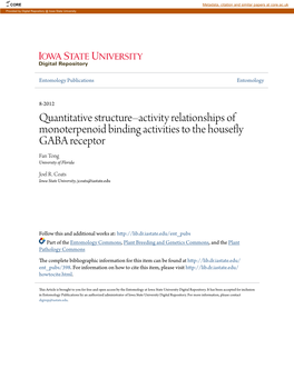 Quantitative Structure–Activity Relationships of Monoterpenoid Binding Activities to the Housefly GABA Receptor Fan Tong University of Florida