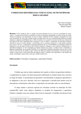 O Processo Histórico Da Viticultura No Município De Dois Lajeados