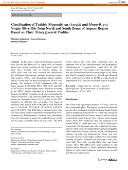 (Ayvalık and Memecik Cv.) Virgin Olive Oils from North and South Zones of Aegean Region Based on Their Triacyglycerol Proﬁles