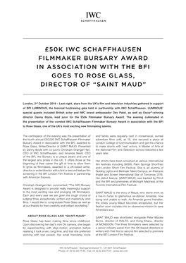 £50K Iwc Schaffhausen Filmmaker Bursary Award in Association with the Bfi Goes to Rose Glass, Director of “Saint Maud”