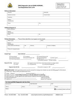 DNA Diagnostic Lab at JOHNS HOPKINS Test Requisition Part I of II