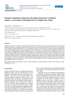 Dynamic Simulation of Spartina Alterniflora Based on CA-Markov Model—A Case Study of Xiangshan Bay of Ningbo City, China