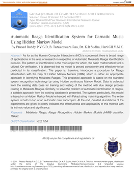 Automatic Raaga Identification System for Carnatic Music Using Hidden Markov Model by Prasad Reddy P.V.G.D, B