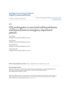 Qtc Prolongation Is Associated with Hypokalemia and Hypocalcemia in Emergency Department Patients Lucy Franjic Washington University School of Medicine in St
