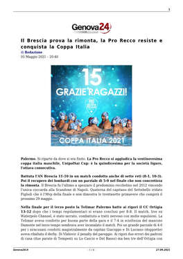 Il Brescia Prova La Rimonta, La Pro Recco Resiste E Conquista La Coppa Italia Di Redazione 05 Maggio 2021 – 20:40