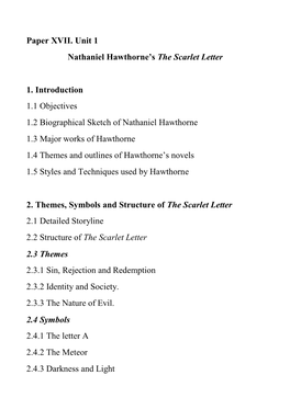 Paper XVII. Unit 1 Nathaniel Hawthorne's the Scarlet Letter 1