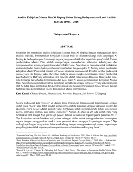 Analisis Kebijakan Master Plan Xi Jinping Dalam Bidang Budaya Melalui Level Analisis Individu (1966 – 2015)