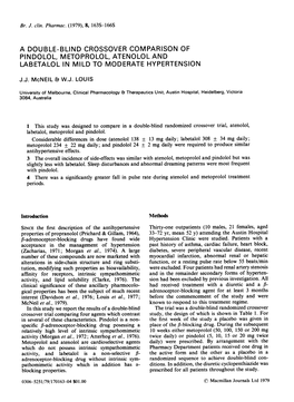 A Double-Blind Crossover Comparison of Pindolol, Metoprolol, Atenolol and Labetalol in Mild to Moderate Hypertension