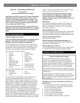 Glucagon for Injection, Rdna Origin) GLUCAGON Is an Emergency Drug to Be Used Only Under the Direction of a Physician