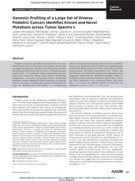 Genomic Profiling of a Large Set of Diverse Pediatric Cancers Identifies Known and Novel Mutations Across Tumor Spectra