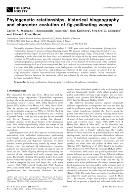 Phylogenetic Relationships, Historical Biogeography and Character Evolution of Ž G-Pollinating Wasps Carlos A