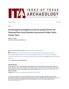 Archaeological Investigations at the De Zavala Point for the Proposed Penn-Texas Shoreline Improvement Project, Harris County, Texas