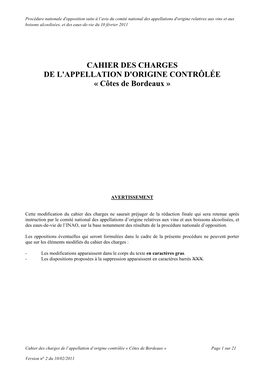 CAHIER DES CHARGES DE L'appellation D'origine CONTRÔLÉE « Côtes De Bordeaux »