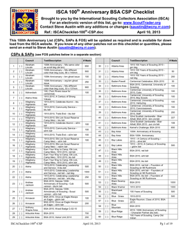 ISCA 100 Anniversary BSA CSP Checklist Brought to You by the International Scouting Collectors Association (ISCA)