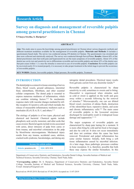 Survey on Diagnosis and Management of Reversible Pulpitis Among General Practitioners in Chennai T.Vinaya Swetha, S