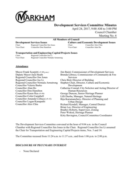 Development Services Committee Minutes April 24, 2017, 9:00 AM to 3:00 PM Council Chamber Meeting No