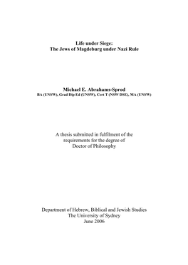 The Jews of Magdeburg Under Nazi Rule Michael E. Abrahams-Sprod A