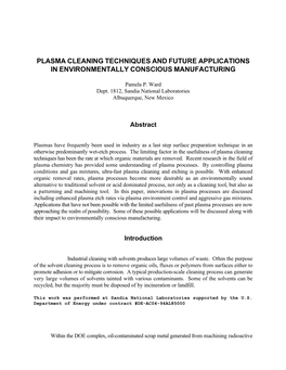 Plasma Cleaning Techniques and Future Applications in Environmentally Conscious Manufacturing
