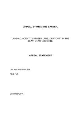 Appeal by Mr & Mrs Barber. Land Adjacent 72 Stubby Lane, Draycott In