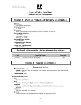 Material Safety Data Sheet Sodium Borate, Decahydrate Section 1
