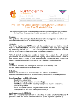 Pre Term Pre-Labour Spontaneous Rupture of Membranes (Less Than 37 Weeks) Policy