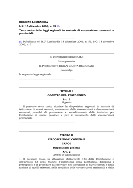 REGIONE LOMBARDIA LR 15 Dicembre 2006, N. 29 (1). Testo Unico