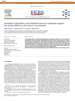 Immobility of Phycobilins in the Thylakoid Lumen of a Cryptophyte Suggests That Protein Diffusion in the Lumen Is Very Restricted