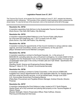 Legislation Passed June 27, 2017 Resolution No. 39752 a Resolution