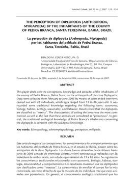 The Perception of Diplopoda (Arthropoda, Myriapoda) by the Inhabitants of the County of Pedra Branca, Santa Teresinha, Bahia, Brazil