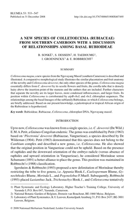 A New Species of Colletoecema (Rubiaceae) from Southern Cameroon with a Discussion of Relationships Among Basal Rubioideae