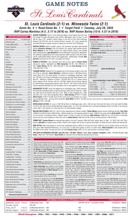 St. Louis Cardinals (2-1) Vs. Minnesota Twins (2-1) Game No