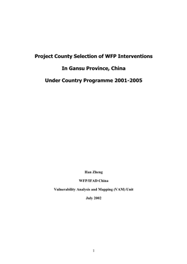 Project County Selection of WFP Interventions in Gansu Province