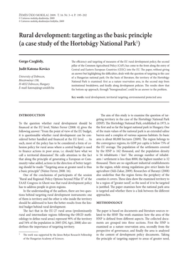 Rural Development: Targeting As the Basic Principle (A Case Study of the Hortobágy National Park1)