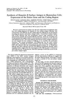 Synthesis of Hepatitis B Surface Antigen in Mammalian Cells: Expression of the Entire Gene and the Coding Region ORGAD LAUB,1'2 LESLIE B