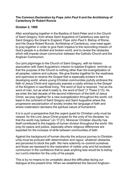 The Common Declaration by Pope John Paul II and the Archbishop of Canterbury Dr Robert Runcie