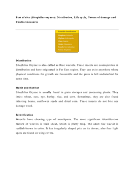 Sitophilus Oryzae): Distribution, Life Cycle, Nature of Damage and Control Measures