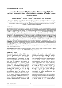 PADI4) Rs1748033 Polymorphism and Susceptibility to Rheumatoid Arthritis in Gorgan, Northeast of Iran