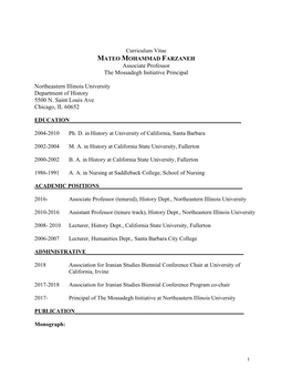 Curriculum Vitae MATEO MOHAMMAD FARZANEH Associate Professor the Mossadegh Initiative Principal Northeastern Illinois University