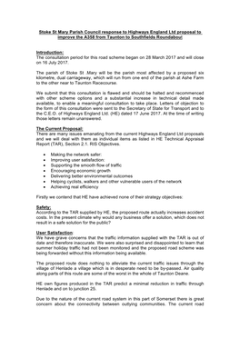 Stoke St Mary Parish Council Response to Highways England Ltd Proposal to Improve the A358 from Taunton to Southfields Roundabout