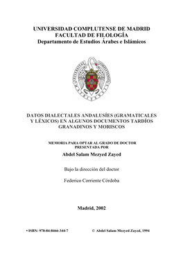 UNIVERSIDAD COMPLUTENSE DE MADRID FACULTAD DE FILOLOGÍA Departamento De Estudios Árabes E Islámicos