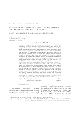 Effects of Captopril and Losartan on Thermal and Chemical Induced Pain in Mice