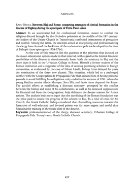 417 RADU NEDICI, Between Blaj and Rome: Competing Strategies of Clerical Formation in the Diocese of Făgăraş During the Episc