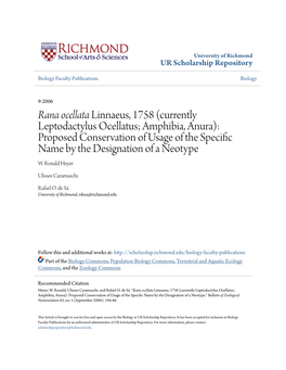 Linnaeus, 1758 (Currently Leptodactylus Ocellatus; Amphibia, Anura): Proposed Conservation of Usage of the Specific Name by the Designation of a Neotype W