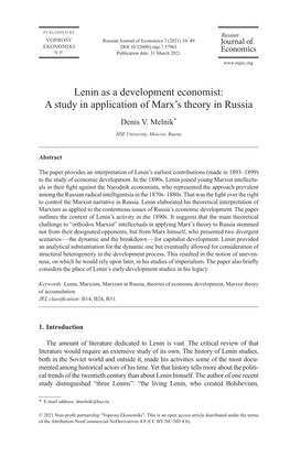 Lenin As a Development Economist: a Study in Application of Marx's Theory