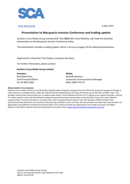 ASX RELEASE Presentation to Macquarie Investor Conference and Trading Update