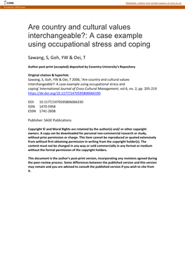 Are Country and Cultural Values Interchangeable?: a Case Example Using Occupational Stress and Coping