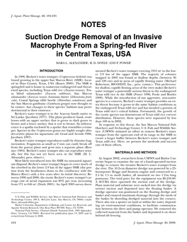 NOTES Suction Dredge Removal of an Invasive Macrophyte from a Spring-Fed River in Central Texas, USA