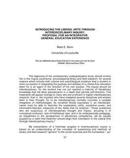 Introducing the Liberal Arts Through Interdisciplinary Inquiry: Proposal for an Integrative General Education Experience