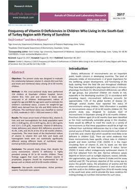 Frequency of Vitamin D Deficiencies in Children Who Living in the South-East of Turkey Region with Plenty of Sunshine Seçil Conkar1*And Ebru Afyoncu2