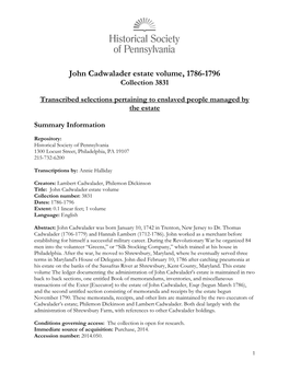 John Cadwalader Estate Volume, 1786-1796 Collection 3831